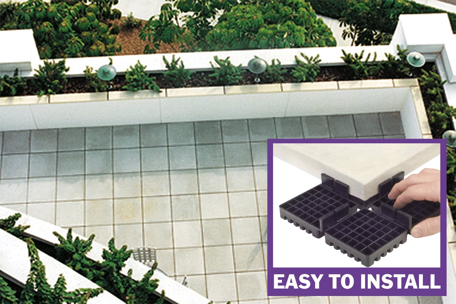 Adjustable PAVE-EL Pedestal system manufactured by Envirospec Inc stacked under stone paver